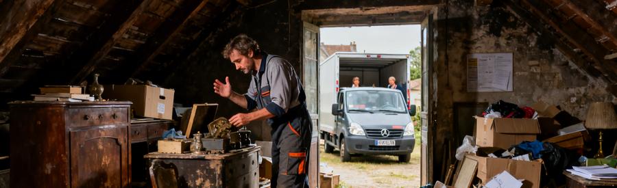 Un débarras dans un grenier de maison ancienne en Meuse, montrant un professionnel évaluant des objets dans un environnement encombré.