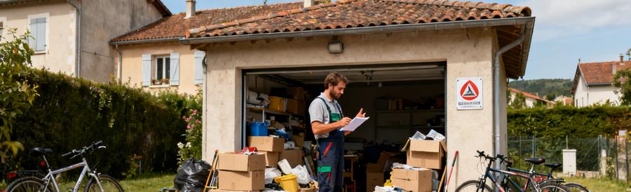 Débarras dans un garage encombré d'un pavillon à Meyzieu, professionnel évaluant les objets.