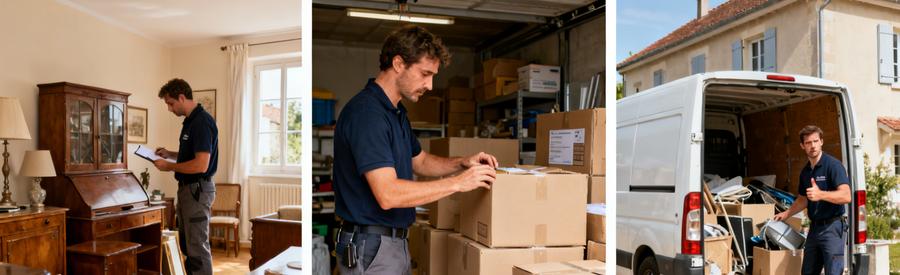 Scènes de débarras à Meyzieu : évaluation de meubles, tri de cartons, chargement dans camionnette.