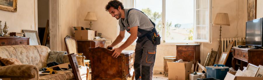 Un professionnel du débarras à Miramas triant des meubles dans un salon encombré, mettant de l'ordre dans l'espace.