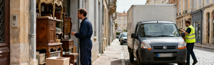 Débarrasseur évaluant un espace encombré à Montauban, camionnette compacte en arrière-plan.
