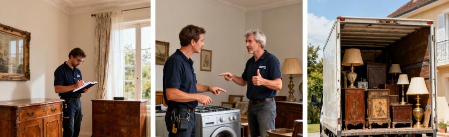 Professionnels évaluant des objets dans un salon pour un débarras à Montigny-lès-Metz, montrant différentes valeurs d'objets.