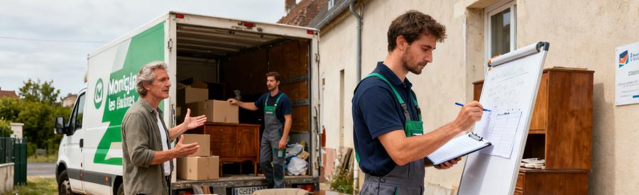 Client discutant des besoins en débarras avec un professionnel, entouré de cartons prêts à être évacués.