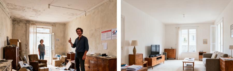 Avant et après le débarras d'un appartement à Montigny-lès-Metz, montrant un espace encombré puis propre et rangé.