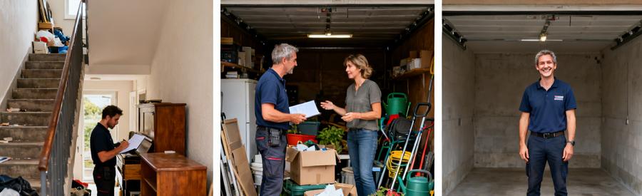 Scènes d'un débarras à Morlaix, évaluant des objets, triant en garage, et montrant un espace vide et propre.