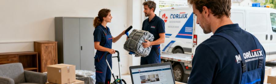 Professionnel examinant des informations en ligne pour obtenir des offres de débarras à Morlaix.