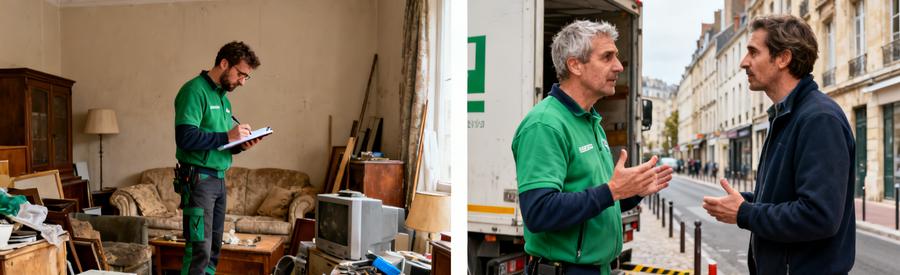 Débarras professionnel à Nancy : évaluation d'un salon encombré et discussion sur les obstacles d'accès dans une rue piétonne.