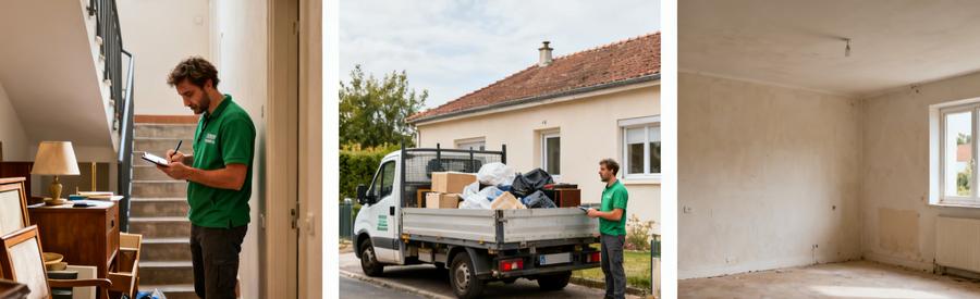 Professionnels du débarras à Nevers évaluant des meubles dans un appartement et chargeant une camionnette devant un pavillon.