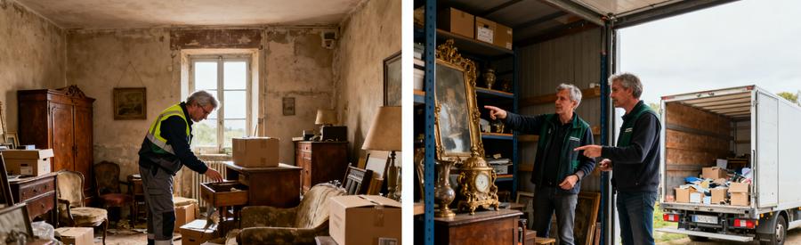 Professionnels du débarras en pleine évaluation d'un espace encombré dans la Nièvre, discutant des objets à évacuer.