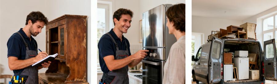 Scènes illustrant le processus de débarras à Olivet, évaluation d'objets et chargement de camionnette.