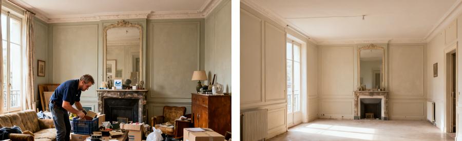 Débarras d'un appartement à Olivet, avant et après le tri professionnel, montrant un salon encombré transformé en espace vide et lumineux.