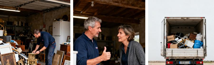 Professionnels évaluant les objets, discutant des alternatives et chargement dans la camionnette de débarras dans l'Orne.