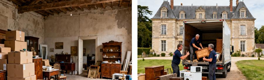 Comparaison d'un studio encombré et d'une grande propriété rurale lors d'un débarras en Orne.