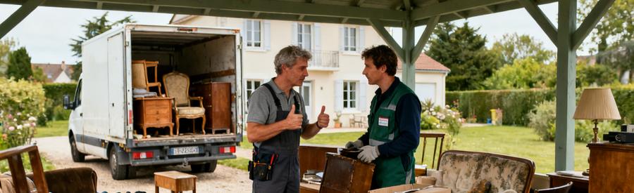 Deux professionnels vident un pavillon à Orvault, triant meubles et cartons dans un cadre sérieux.