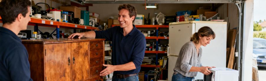 Professionnels du débarras évaluant des meubles et électroménagers pour valorisation à Pau, garage rempli d'objets.