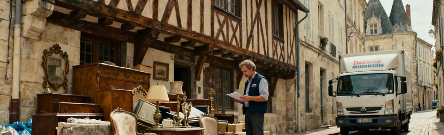 Débarras professionnel à Périgueux, professionnel évaluant des meubles devant une maison à colombages.