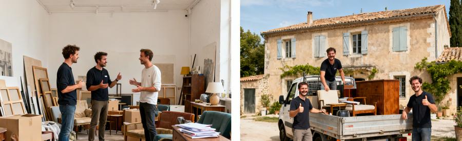 Professionnels évaluant un studio puis débarrassant un mas provençal à Pertuis, montrant leur expertise et satisfaction.