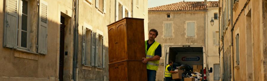 Débarras à Pertuis : un professionnel transportant un meuble dans une ruelle pavée, d'autres chargent des objets dans une camionnette.