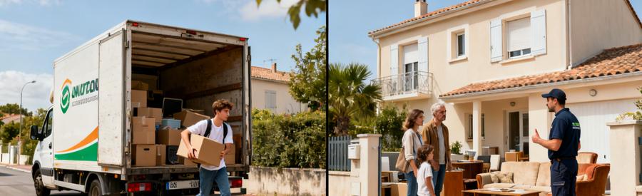 Scène de débarras à Pessac avec un étudiant chargeant des cartons et une famille discutant avec un professionnel.