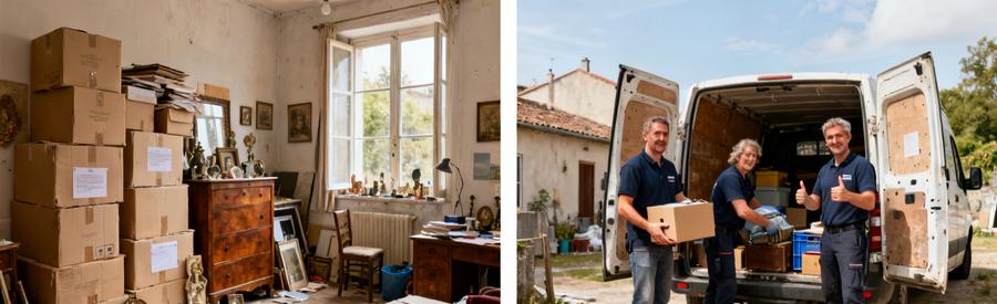 Un studio encombré à Plaisance-du-Touch, débarras professionnel en action pour vider les lieux sereinement.