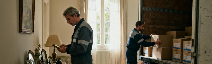 Professionnels débarras à Poitiers inspectent objets personnels et chargent cartons avec soin.