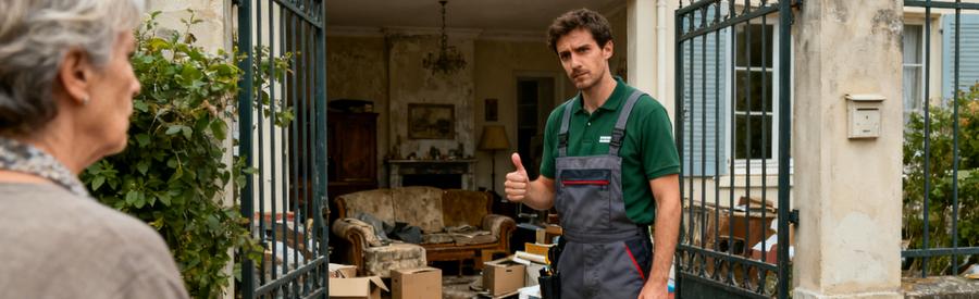 Un professionnel du débarras discute avec un héritier devant un logement encombré à Nancy.