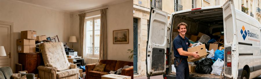 Scène de débarras professionnel à Marseille 14ème avec des objets chargés dans une camionnette et un salon encombré.