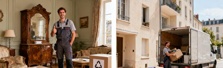 Professionnels de débarras à Roanne évaluant des meubles anciens et chargeant des objets dans une camionnette.