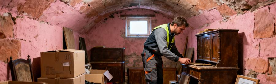 Un expert en débarras examine des objets dans une cave typique de Rodez, entouré de vieux meubles et cartons.