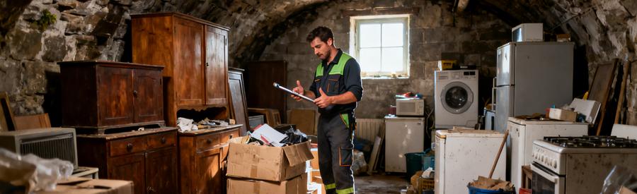 Cave encombrée à Saint-Brieuc avec un professionnel évaluant le désordre.