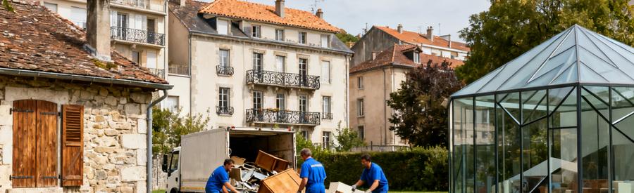 Vue de Saint-Chamond, montrant un débarras professionnel évacuant des objets devant des maisons anciennes et modernes.