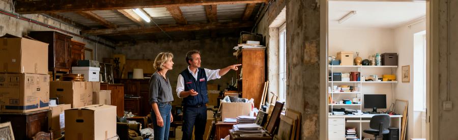Un professionnel rassurant aide un client à trier ses objets avant le débarras à Saint-Cyr-sur-Loire.