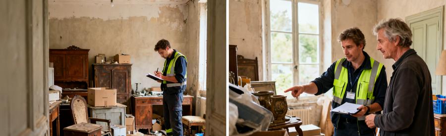 Un professionnel évalue des objets dans une pièce encombrée à Saint-Étienne-du-Rouvray, discutant avec un client sur le tri.
