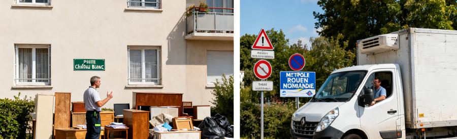 Scène de débarras à Saint-Étienne-du-Rouvray avec professionnels et camion, montrant la difficulté d'intervenir dans un immeuble sans ascenseur.