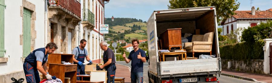 Professionnels du débarras triant meubles et cartons à Saint-Jean-de-Luz en respectant le recyclage.
