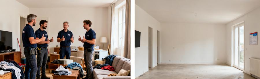 Avant et après d'un débarras à Saint-Lô, montrant une équipe en action et un salon débarrassé et propre.