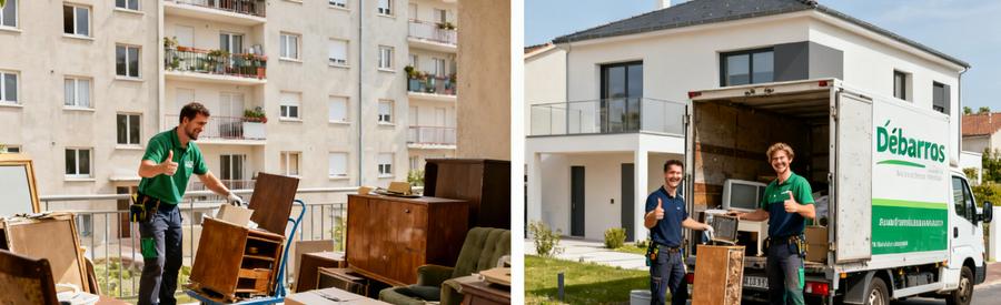 Débarras à Saint-Louis, professionnels au travail entre immeuble ancien et maison moderne, montrant l'expertise locale.