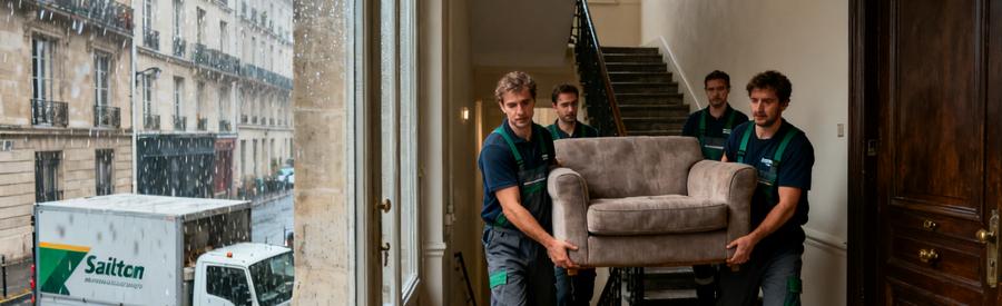 Équipe de débarras professionnel à Saint-Louis portant un canapé lourd dans un escalier d'immeuble.