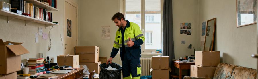 Un débarras professionnel évalue un appartement étudiant encombré à Saint-Martin-d'Hères, rempli de cartons et de mobilités usés.
