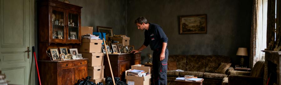 Un débarras professionnel inspecte un salon encombré à Saint-Pierre-des-Corps, préparant l'évacuation d'objets.