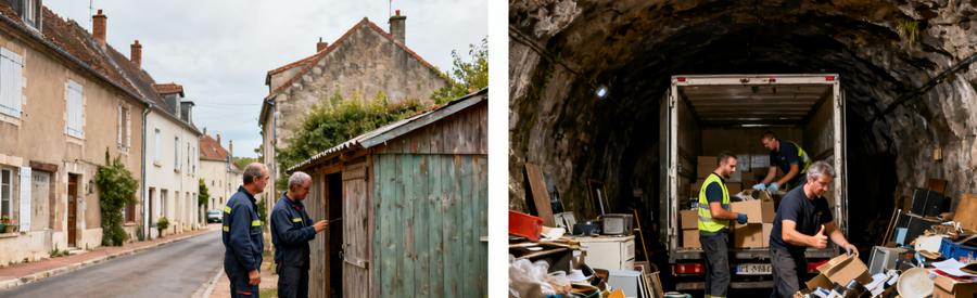 Deux scènes de débarras à Saint-Pierre-des-Corps, montrant des pavillons et une cave pleine d'encombrants.
