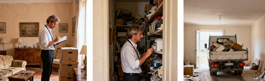 Professionnel du débarras à Saint-Raphaël inspectant un salon et un espace de rangement, en vue d'un vide-logement.