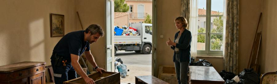 Un professionnel du débarras examine des meubles dans une maison à Saint-Raphaël, près d'une déchèterie.