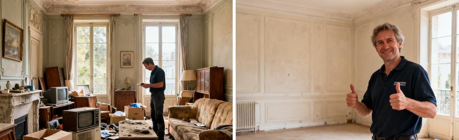 Comparaison avant/après d'un salon à Saint-Sébastien-sur-Loire lors d'un débarras, montrant le tri et le nettoyage.