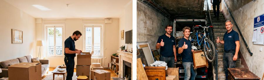 Professionnels du débarras examinant un appartement en centre-ville et une cave difficile d'accès à Sainte-Geneviève-des-Bois.