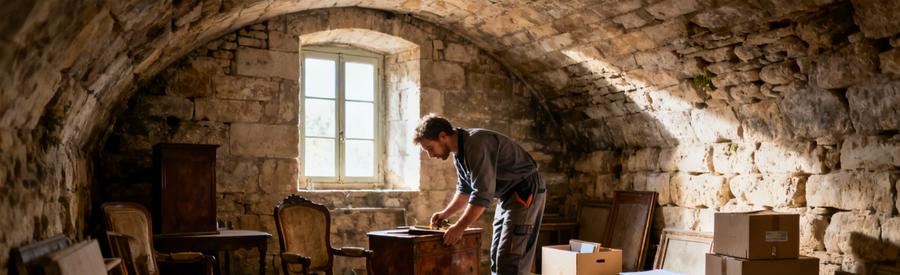 Débarras dans une cave voûtée à Saintes, un professionnel trie des vieux meubles.