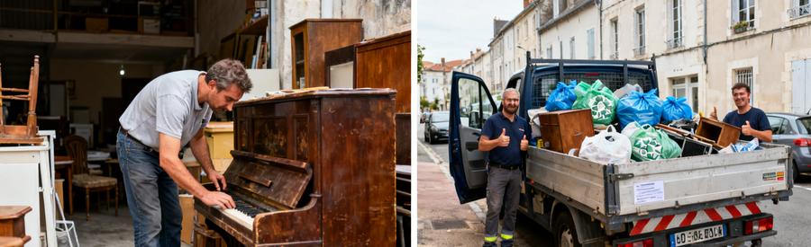 Débarras à Saintes : tri d'objets et camionnette prête à évacuer meubles et encombrants.