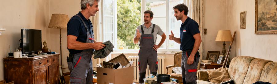 Une équipe de débarras professionnels trie des meubles et objets dans un salon encombré de Salon-de-Provence.