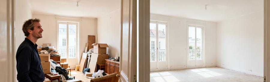 Un professionnel examine un appartement encombré avant de le débarrasser, puis la même pièce vide et propre après intervention.