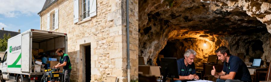 Débarras d'une maison en tuffeau à Saumur et d'une cave troglodytique, professionnels organisant le matériel.